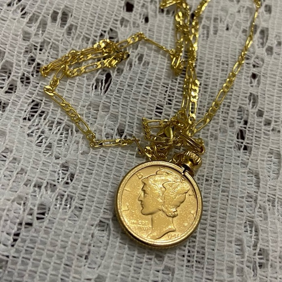 (SOLD) Authentic 1944 Silver Mercury Dime, Gold Plated with  18-inch Gold Filled - Picture 7 of 8